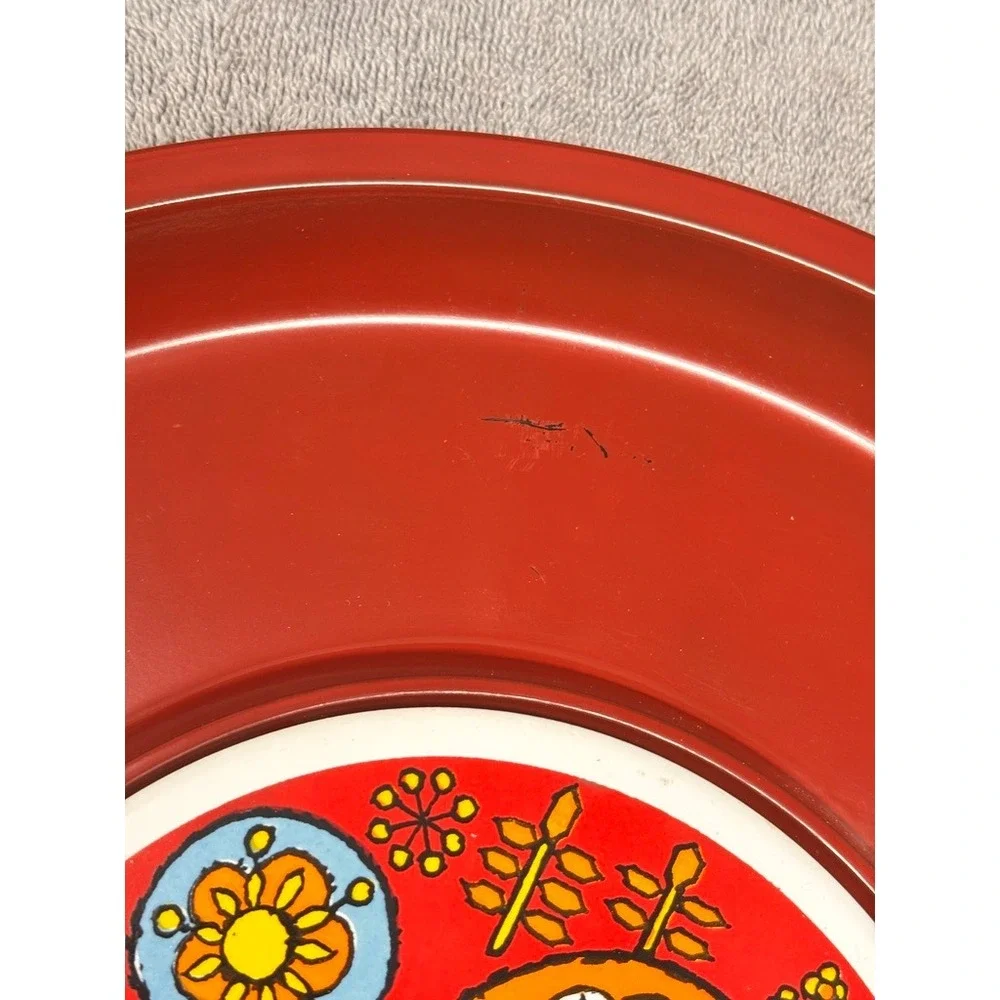 Vtg 1970s Red Melamine Divided Serving Tray Bird Floral Snack Relish Platter 13